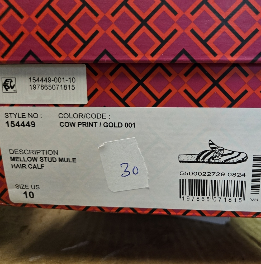 TORY BURCH MELLOW STUDDED MULE cow Print With Gold Studs Woman's 10 Slides NIB - Picture 11 of 11
